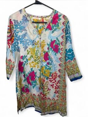Johnny Was Floral V-Neck Tunic in Cream, Pink, Blue & Yellow 100% Silk